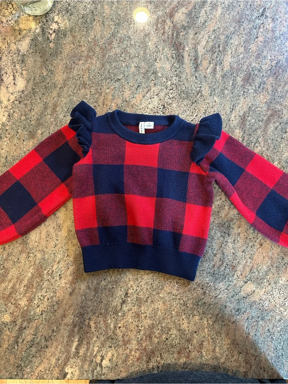 Janie and Jack Red and Navy Buffalo Plaid Ruffle Shoulder Sweater